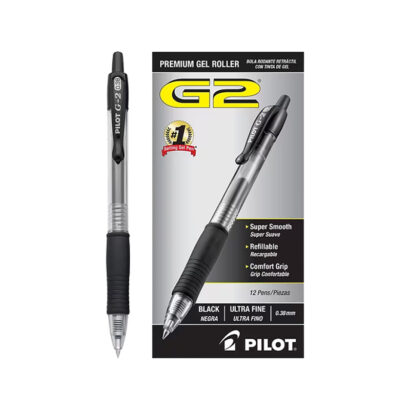 Pilot G2 Retractable Gel Pens, Ultra Fine Point, 0.38mm, Black Ink, Dozen