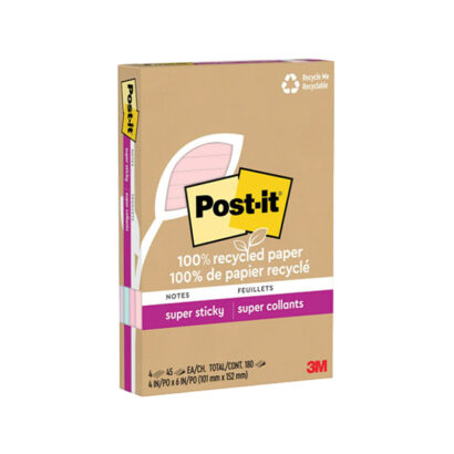 Post-it Recycled Super Sticky Notes, 4 x 6, Wanderlust Pastels Collection, 45 Sheets/Pad, 4 Pads/Pack