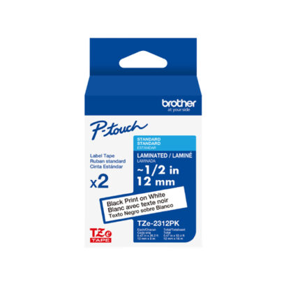 Brother P-touch TZe-231 Laminated Label Maker Tape, 1/2 x 26-2/10', Black on White, 2/Pack