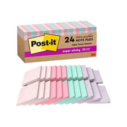 Post-it Recycled Super Sticky Notes, 3 x 3, Wanderlust Pastels Collection, 70 Sheets/Pad, 24 Pads/Pack