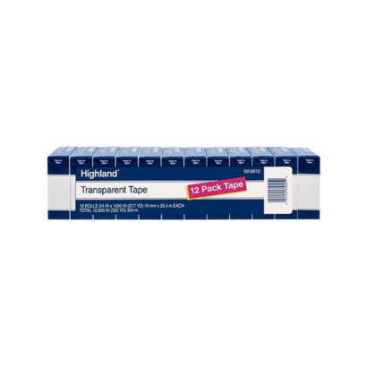 Highland Transparent Clear Tape, 0.75 x 27.77 yds., 1 Core, Transparent, 12 Rolls/Pack