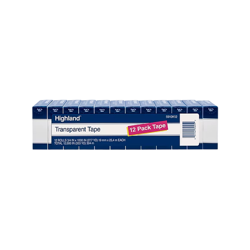 Highland Transparent Clear Tape, 0.75 x 27.77 yds., 1 Core, Transparent, 12 Rolls/Pack