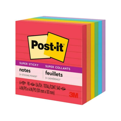 Post-it Super Sticky Notes, 4 x 4, Playful Primaries Collection, Lined, 90 Sheet/Pad, 6 Pads/Pack